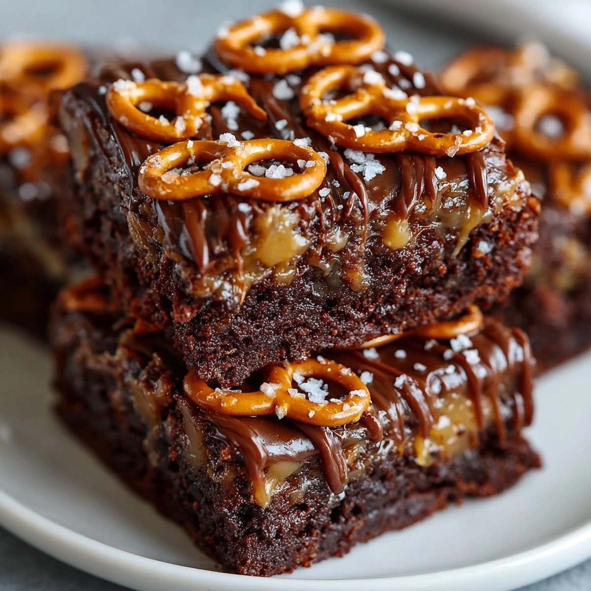Close-up of gooey Salted Caramel Pretzel Brownies, warm, chewy, and ready to eat.
