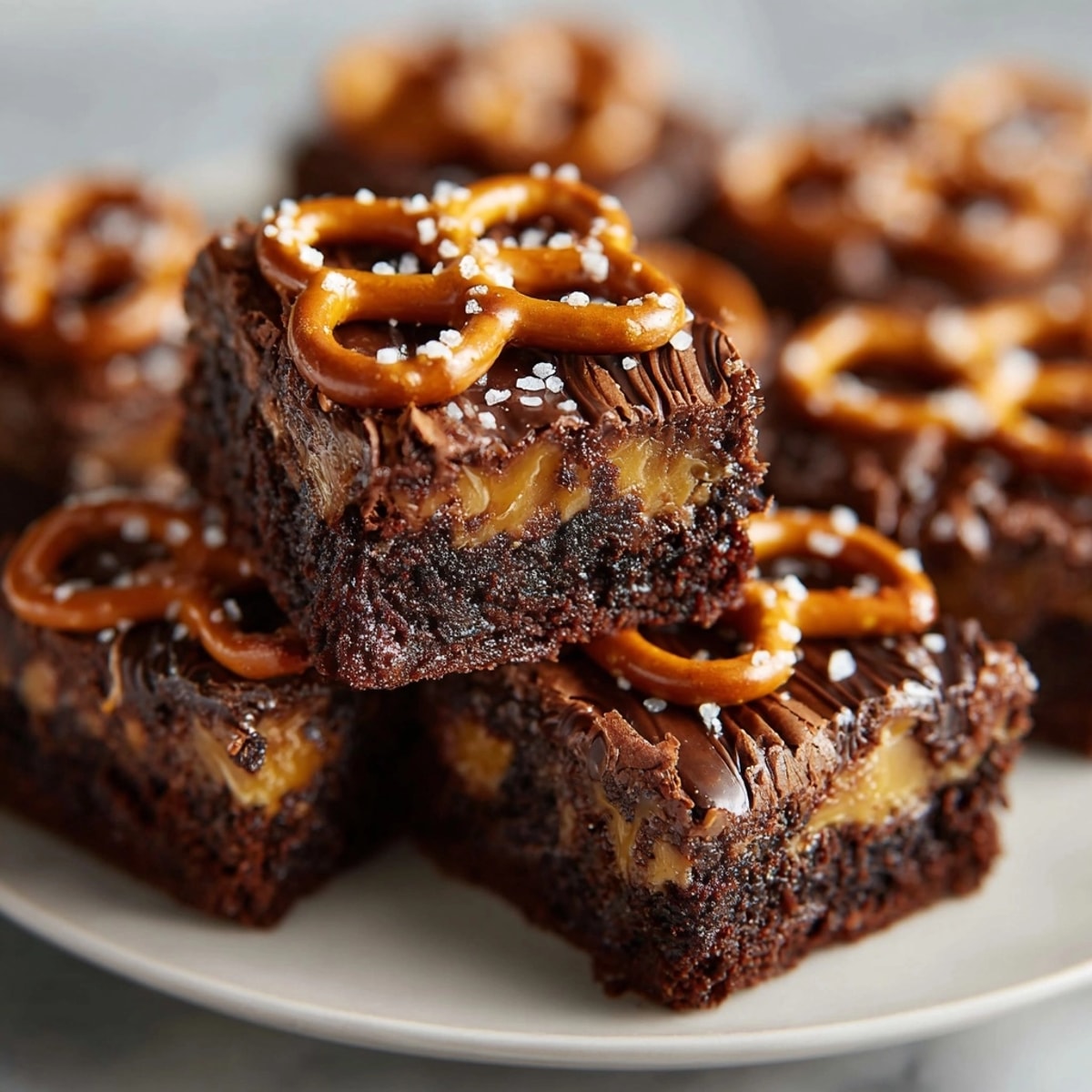 Rich, dark Salted Caramel Pretzel Brownies, baked until fudgy then sliced to serve.
