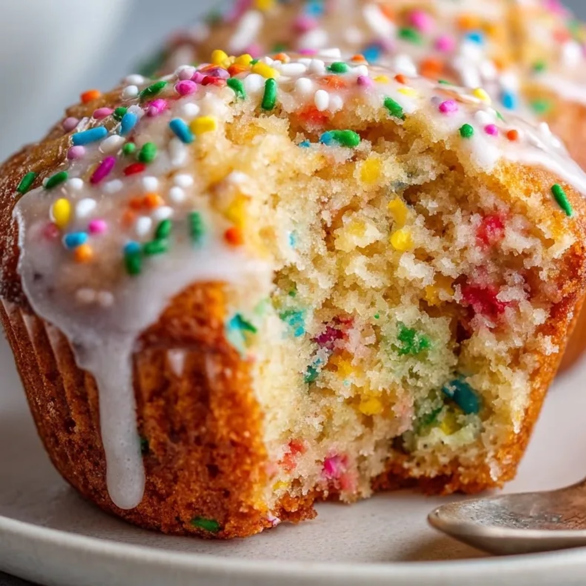 Homemade Funfetti Yogurt Muffins, speckled with rainbow sprinkles, ready for a brunch treat.