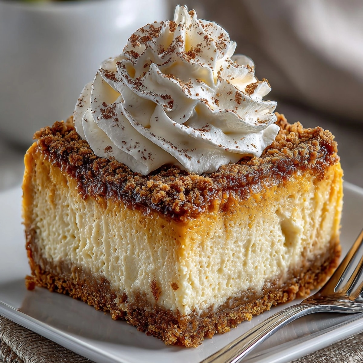 Creamy spiced pumpkin cheesecake bars, golden graham cracker crust; perfect for fall dessert.