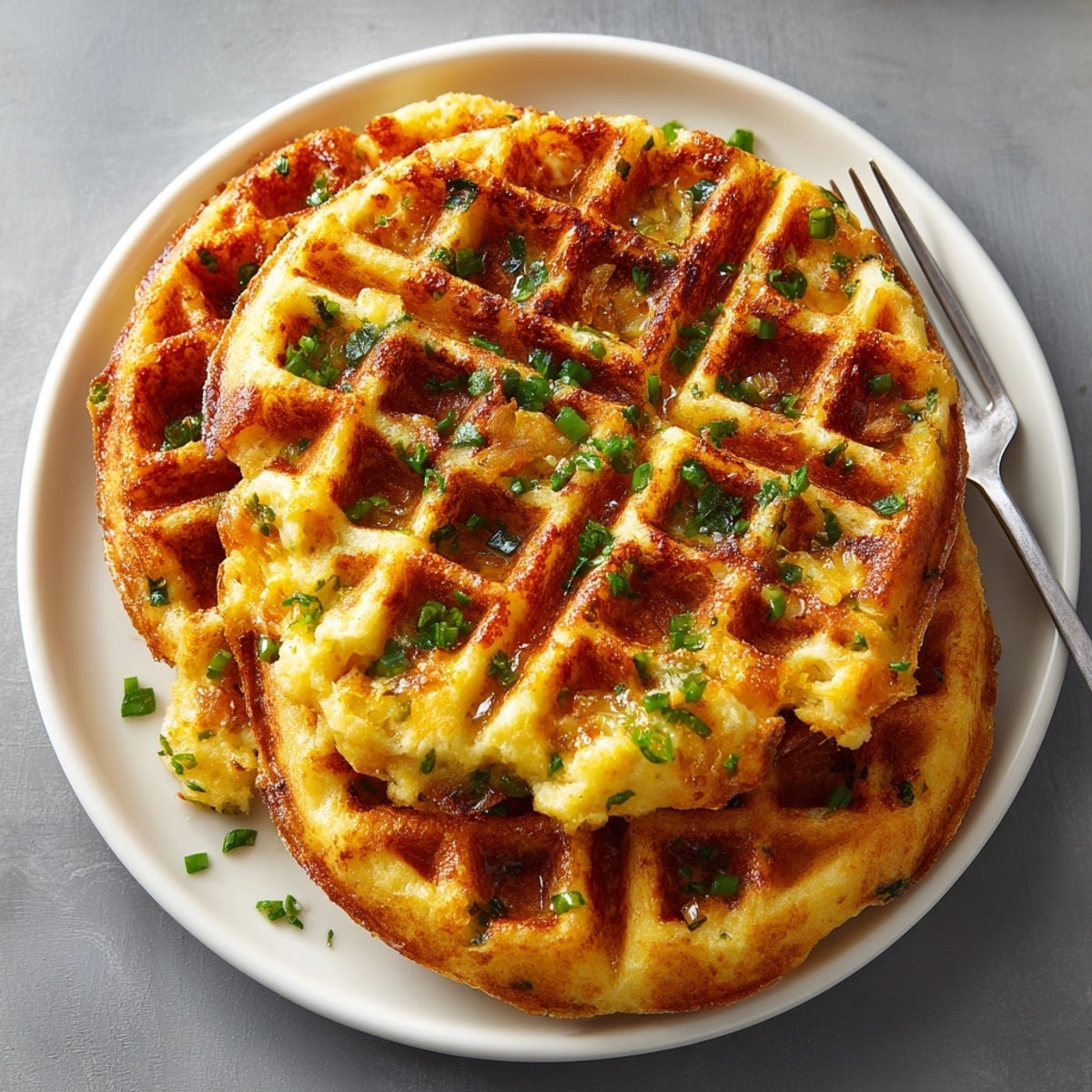 Golden Cheddar Jalapeño Cornbread Waffles fresh off the waffle iron, ready for syrup.