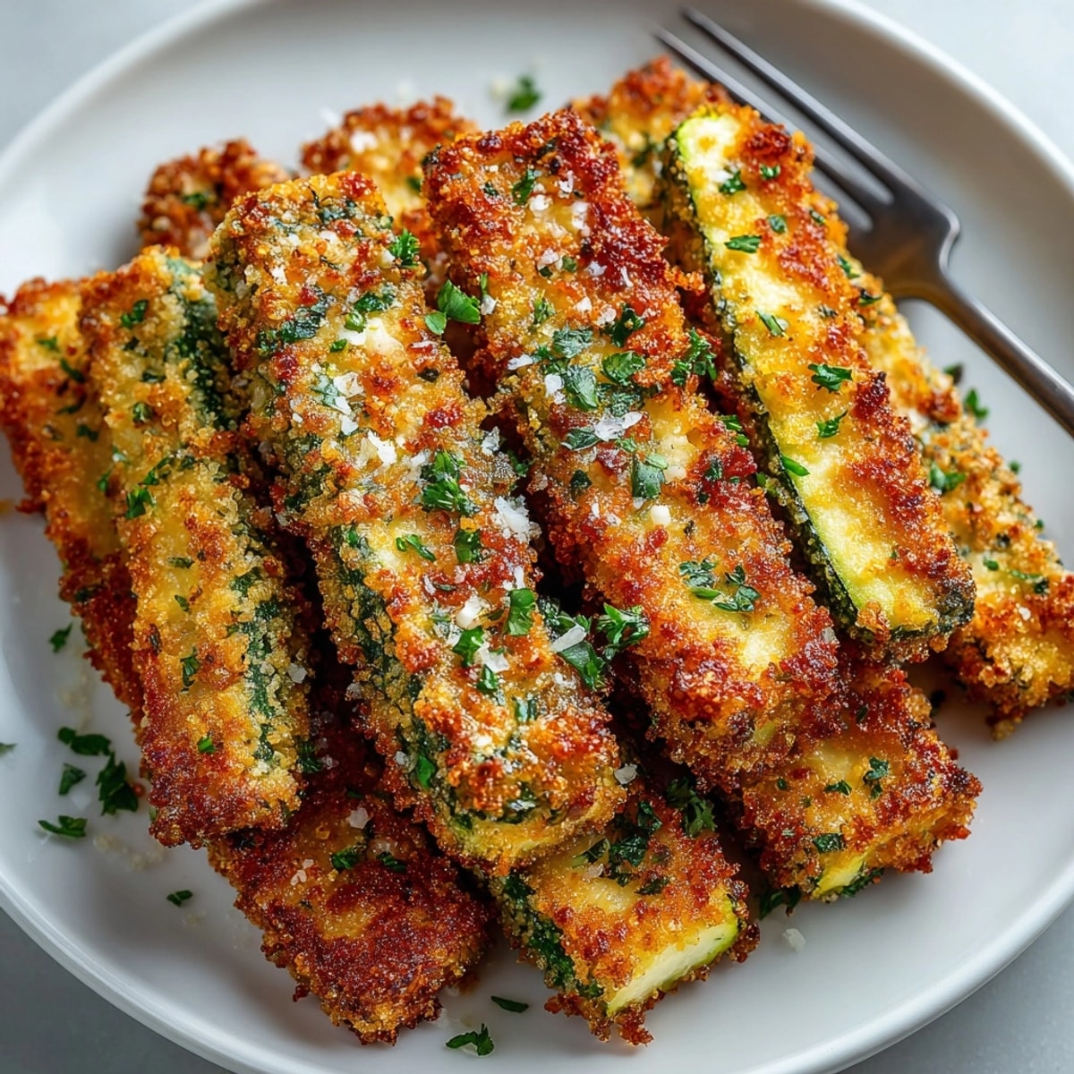 Golden, crispy Parmesan Zucchini Fries fresh from the oven, ready for dipping into marinara.