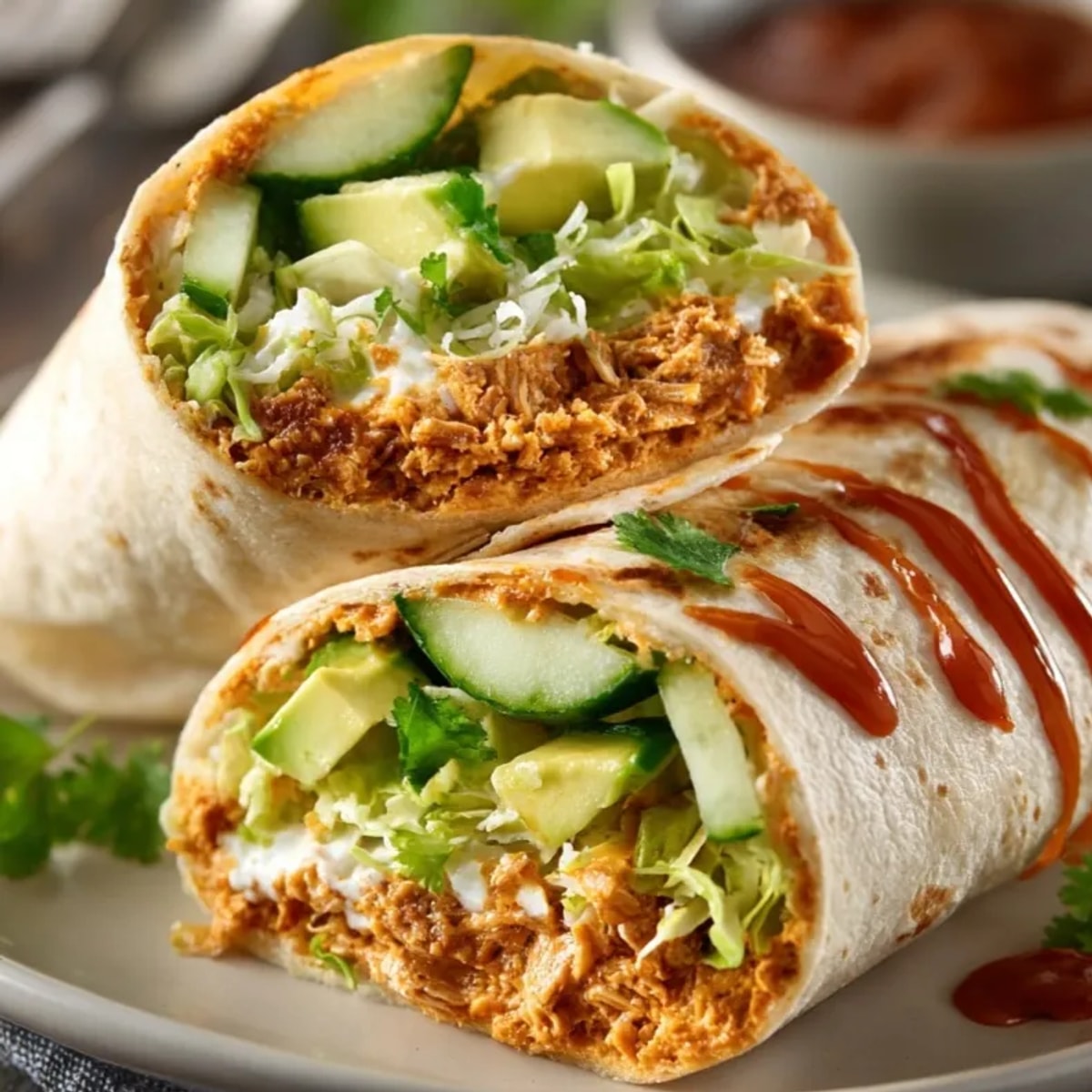 Spicy 10-Minute Buffalo Hummus Tortilla Wraps filled with vibrant veggies, ready to eat.