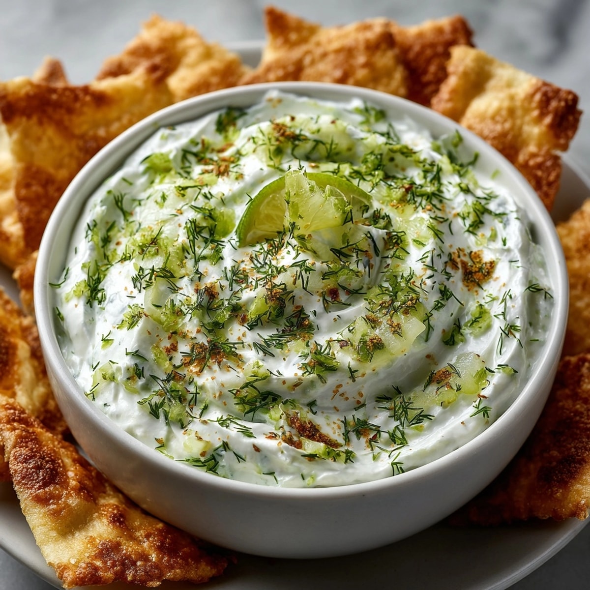 Creamy cucumber-lime yogurt dip recipe served with warm, golden-brown pita chips.