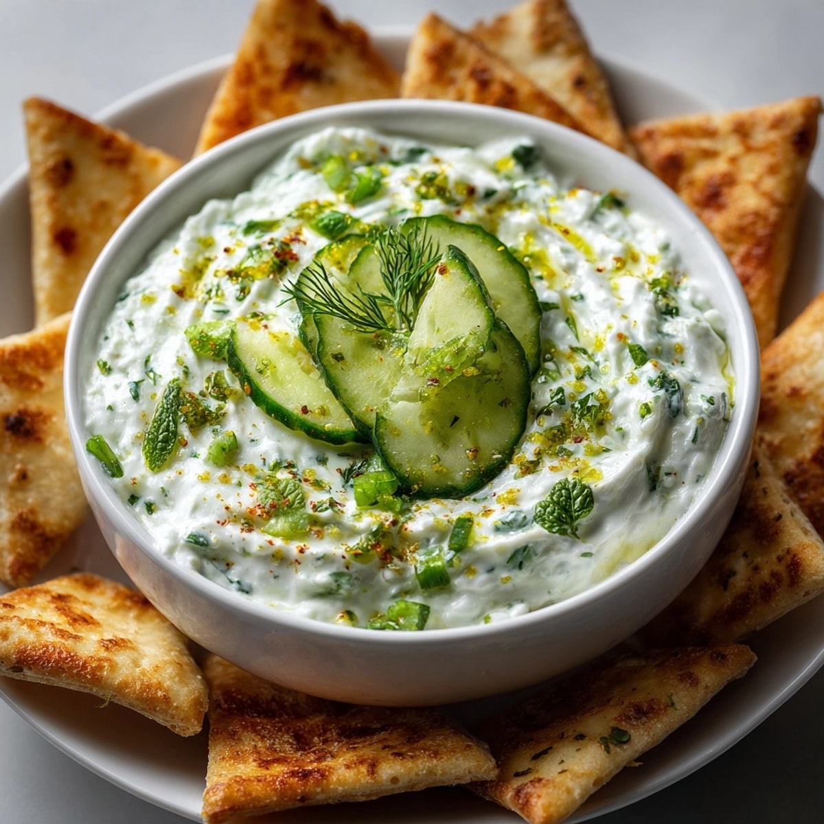 Homemade pita chips with cool &amp; zesty cucumber-lime yogurt dip recipe for sharing.