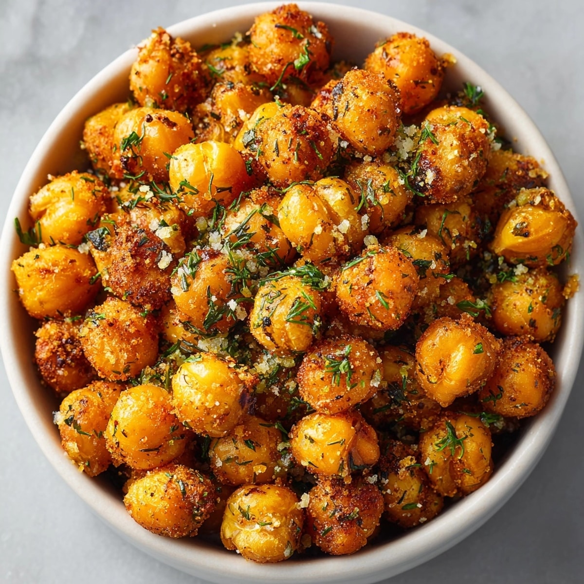 Crispy Cool Ranch Roasted Chickpeas, seasoned and golden brown, fresh from the oven.