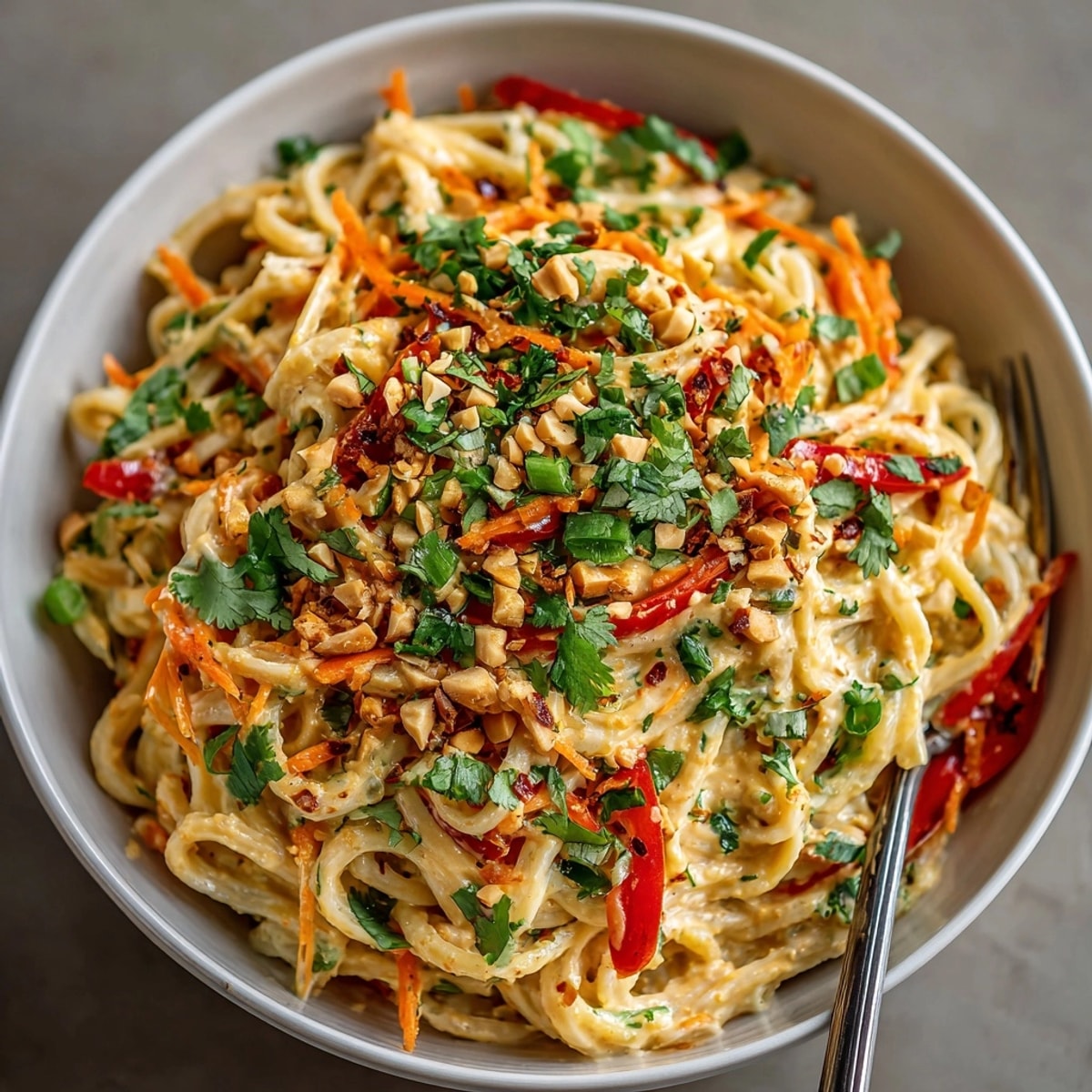 Creamy Thai peanut noodle salad bursting with vibrant veggies, ready for a light lunch.
