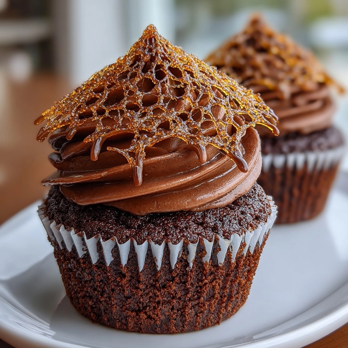 Delicious Spider Web Cupcakes, frosted and webbed with melted, gooey marshmallows, ready to eat.