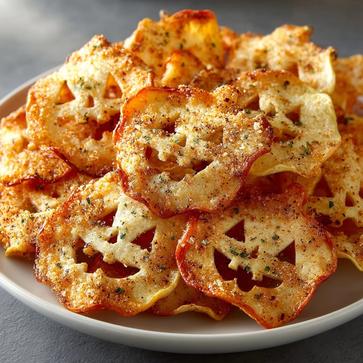 Golden, crispy air fryer apple chips shaped like Jack-o'-Lanterns, ready for Halloween snacking.