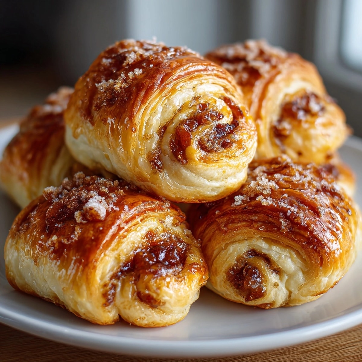 Close-up of flaky Rugelach Pastries filled with apricot and nuts, ready to serve warm.