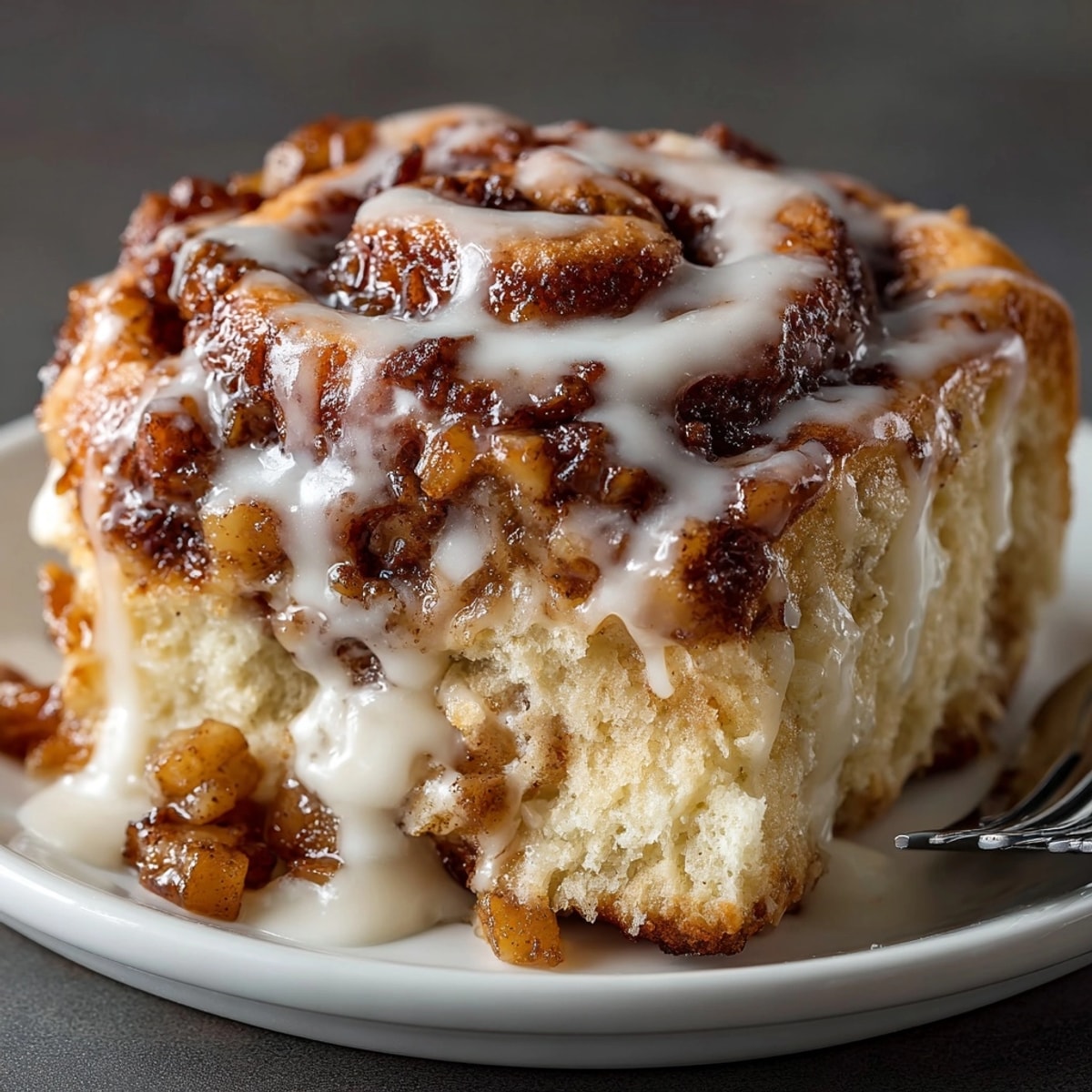 Golden Apple Pie Cinnamon Rolls, warm from the oven, dripping with vanilla glaze.