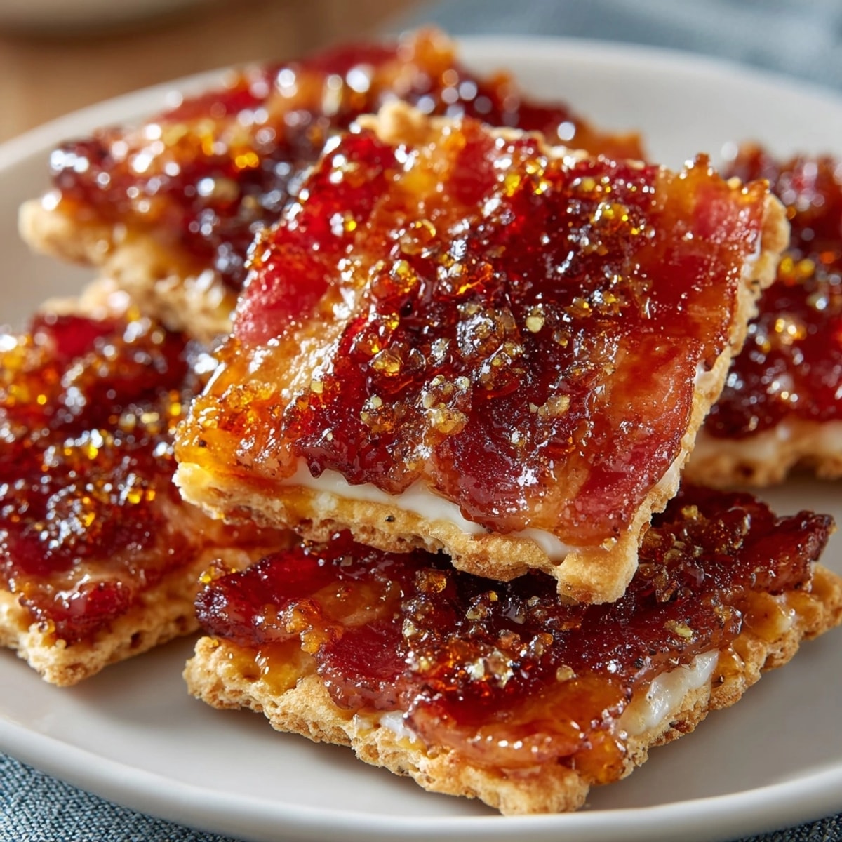 Maple Candied Bacon Crackers: Golden, caramelized bacon on buttery crackers, ready to serve.