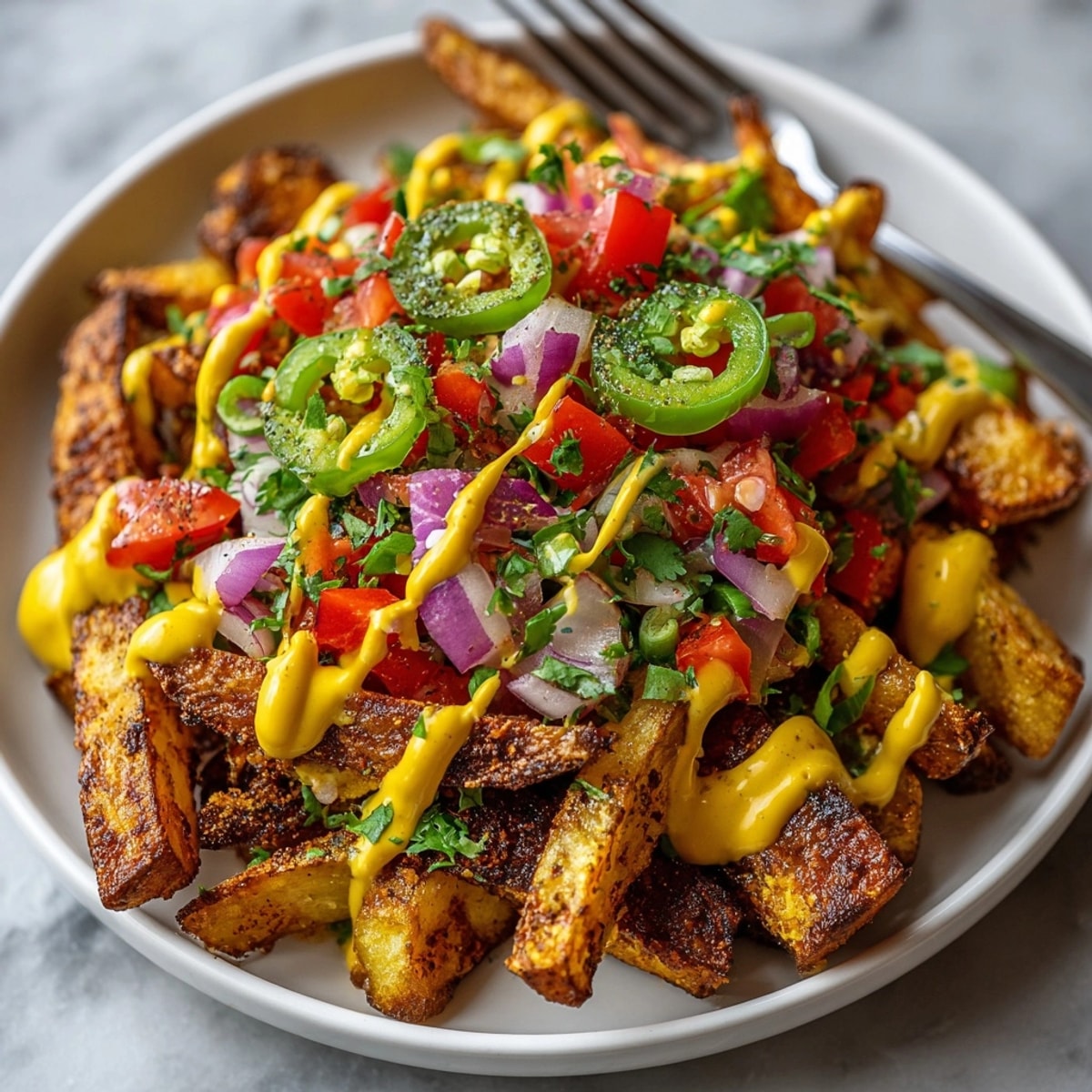 Golden vegan loaded "cheese" fries, smothered in cashew sauce and colorful fresh toppings.