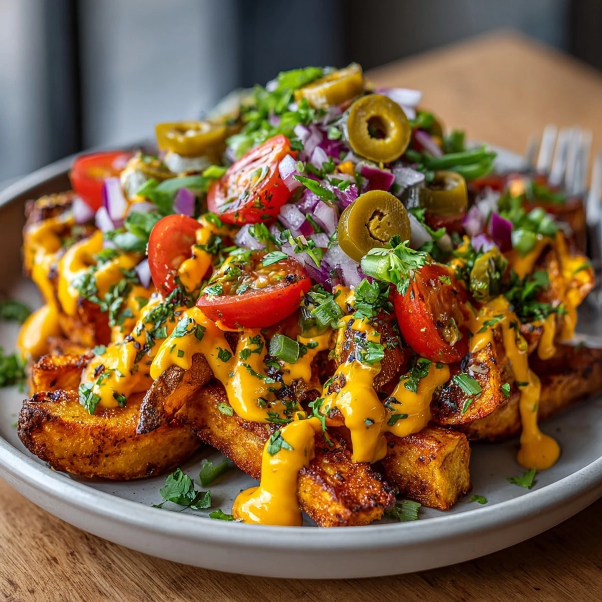 Tangy cashew cheese drizzles over crispy oven-baked vegan loaded "cheese" fries.