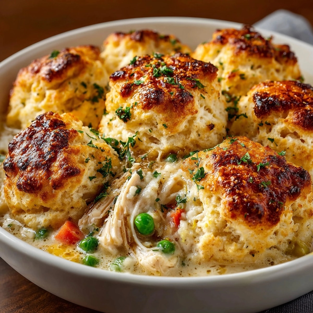 Golden Cheddar Bay Biscuit Chicken Cobbler, bubbling hot, ready to serve from the oven.
