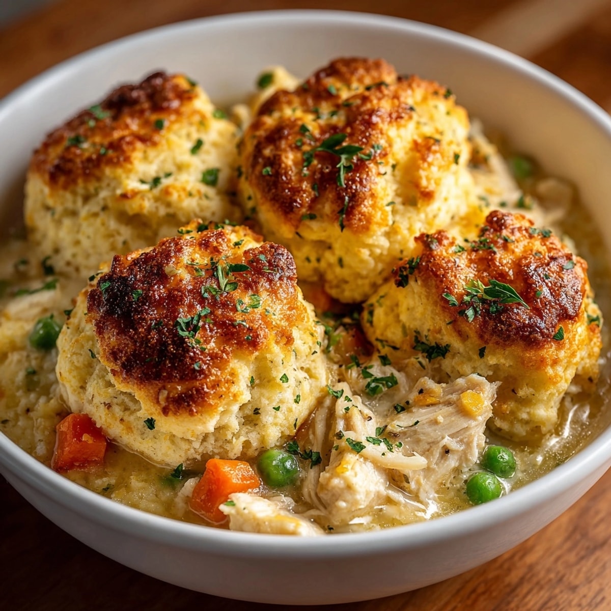 Creamy chicken cobbler with golden brown Cheddar Bay biscuits, parsley, and garlic butter.