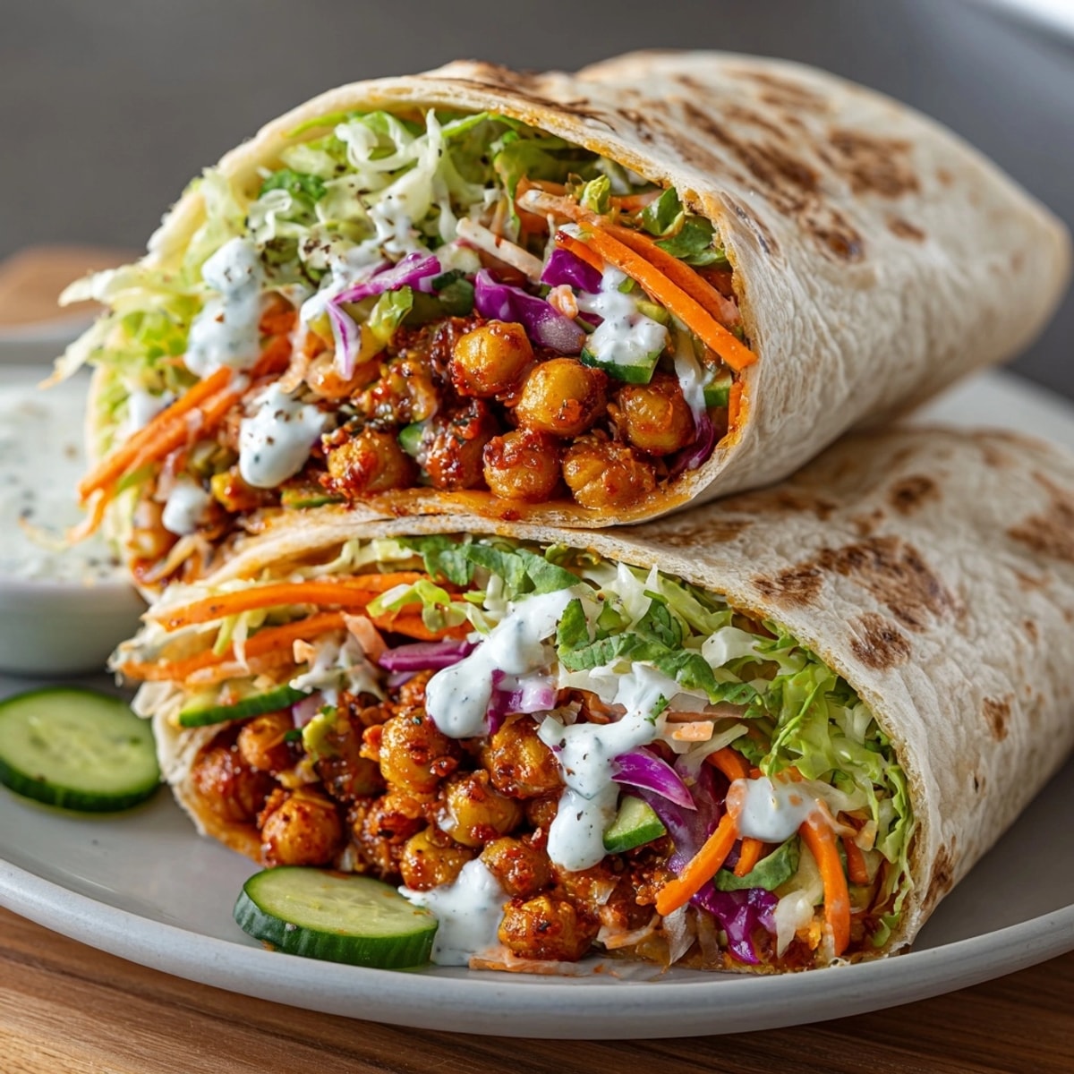 Close-up, savory Buffalo Chickpea Wrap showing colorful veggies and spicy buffalo chickpea filling.