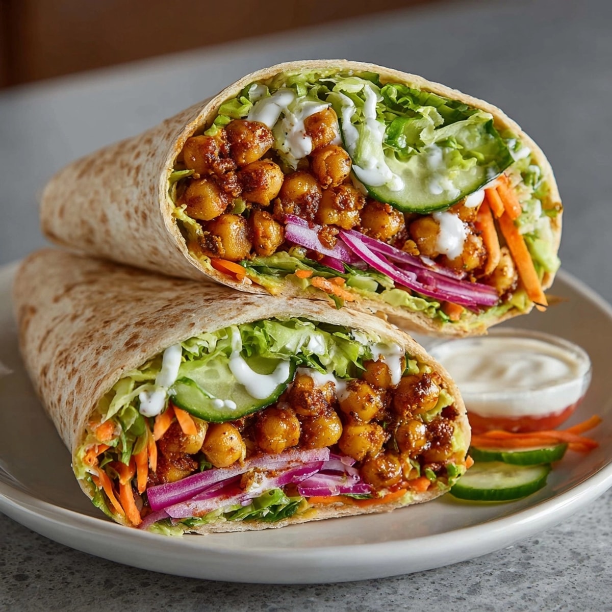 Golden Buffalo Chickpea Wrap, filled with crunchy lettuce, carrots, and creamy vegan ranch.