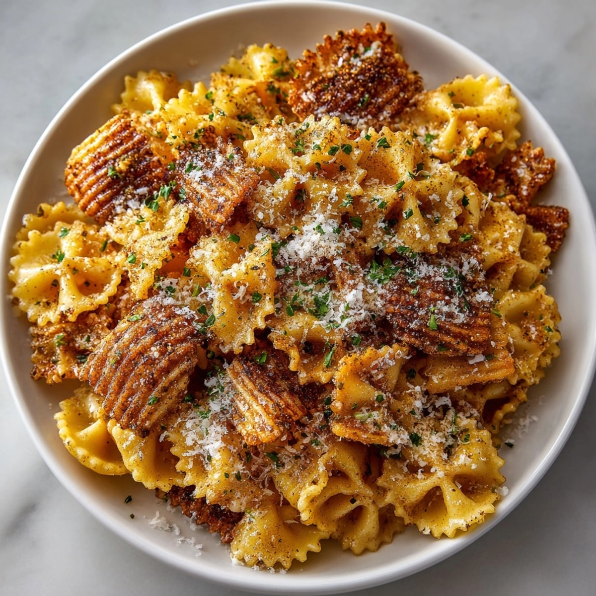 Golden brown pasta chips, seasoned warmly, baked until crispy and ready for dipping.