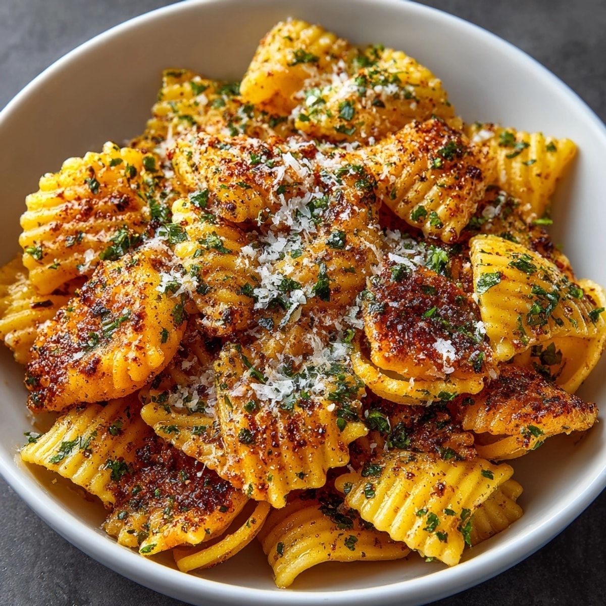 Close-up of baked pasta chips showing texture; a simple recipe, versatile and satisfying.