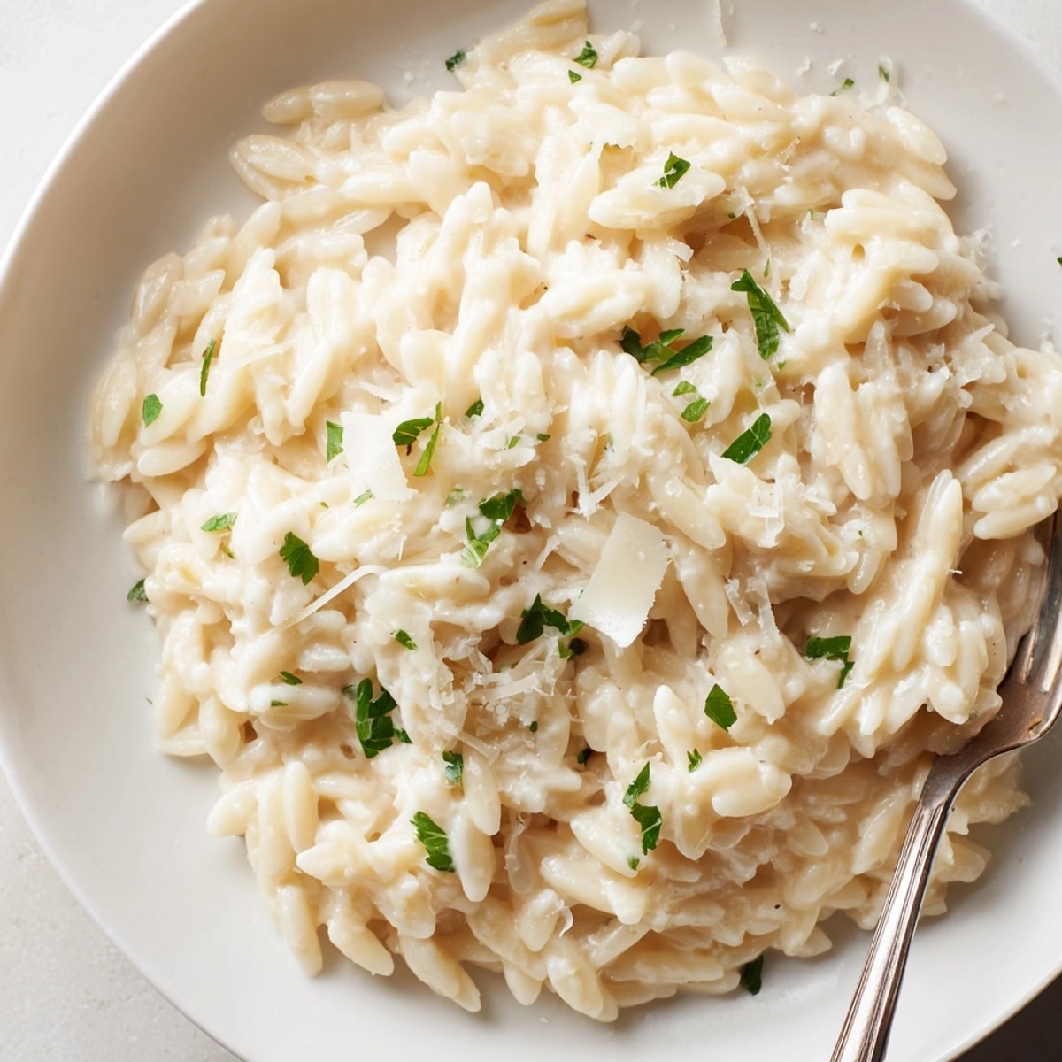 Creamy Garlic Parmesan Orzo: a comforting, flavorful pasta dish glistening with a rich sauce.