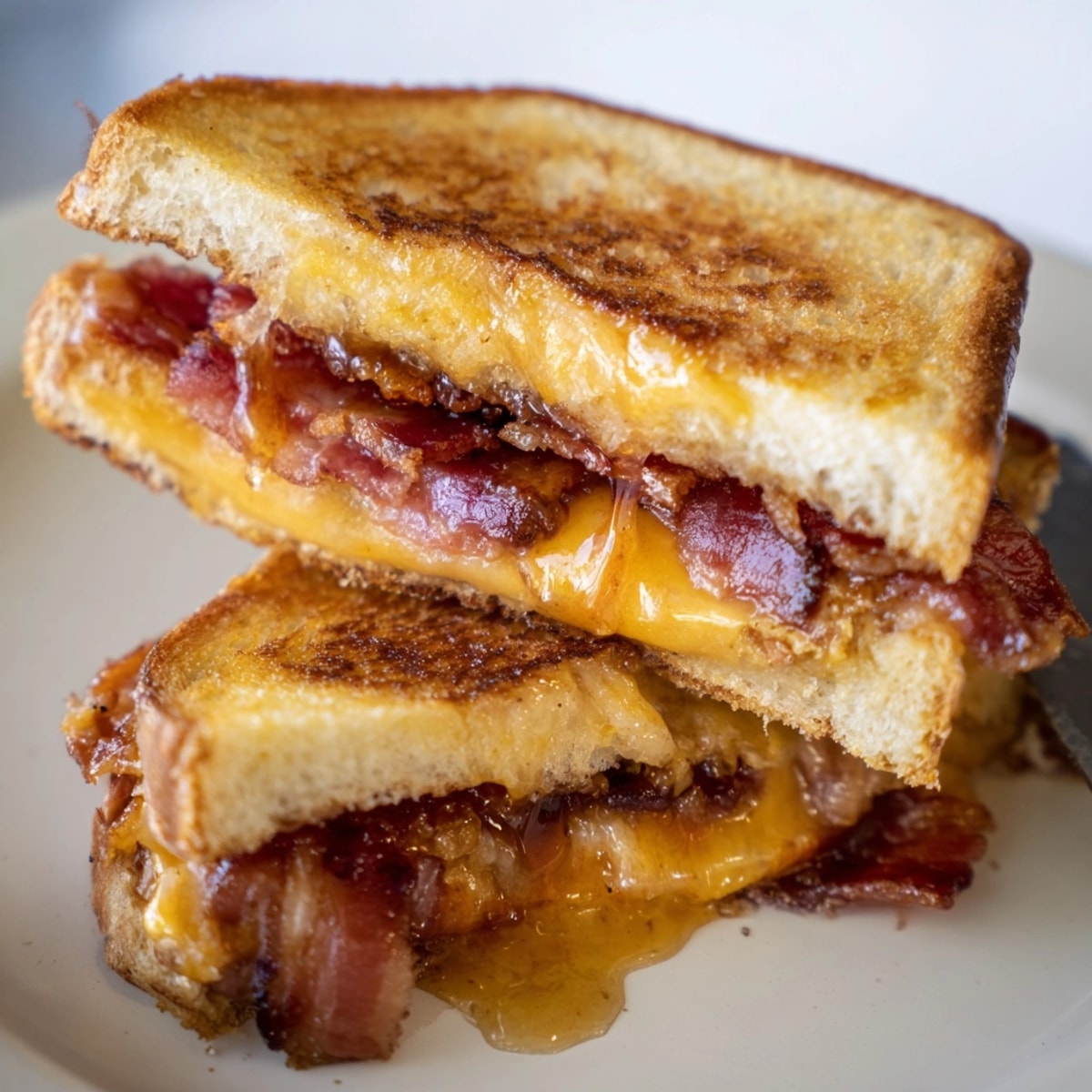 Sizzling Crispy Bacon Grilled Cheese with Hot Honey drips, promising a sweet-spicy cheesy delight.