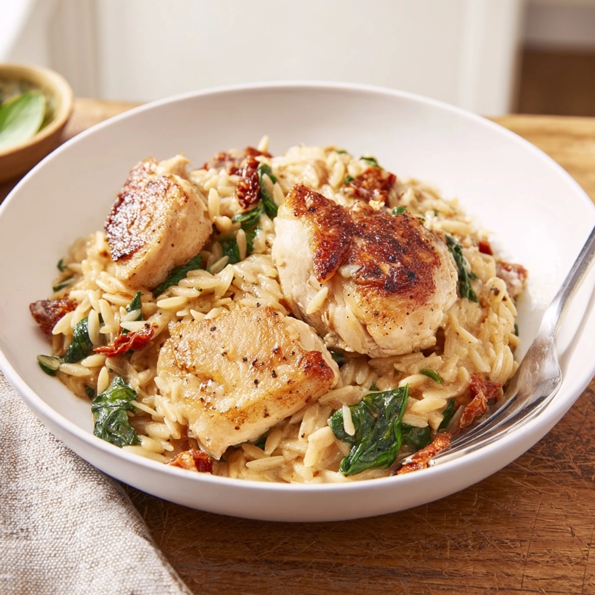 Golden, pan-seared chicken rests on creamy One-Pan Marry Me Chicken Orzo, topped with basil.