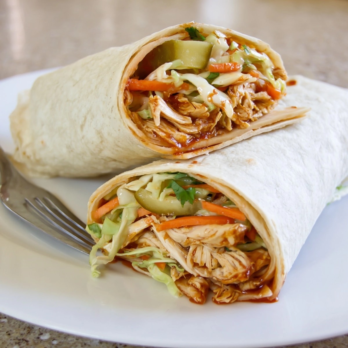 Close-up of a vibrant BBQ Chicken Pickle Slaw Wrap, showcasing the colorful layers.