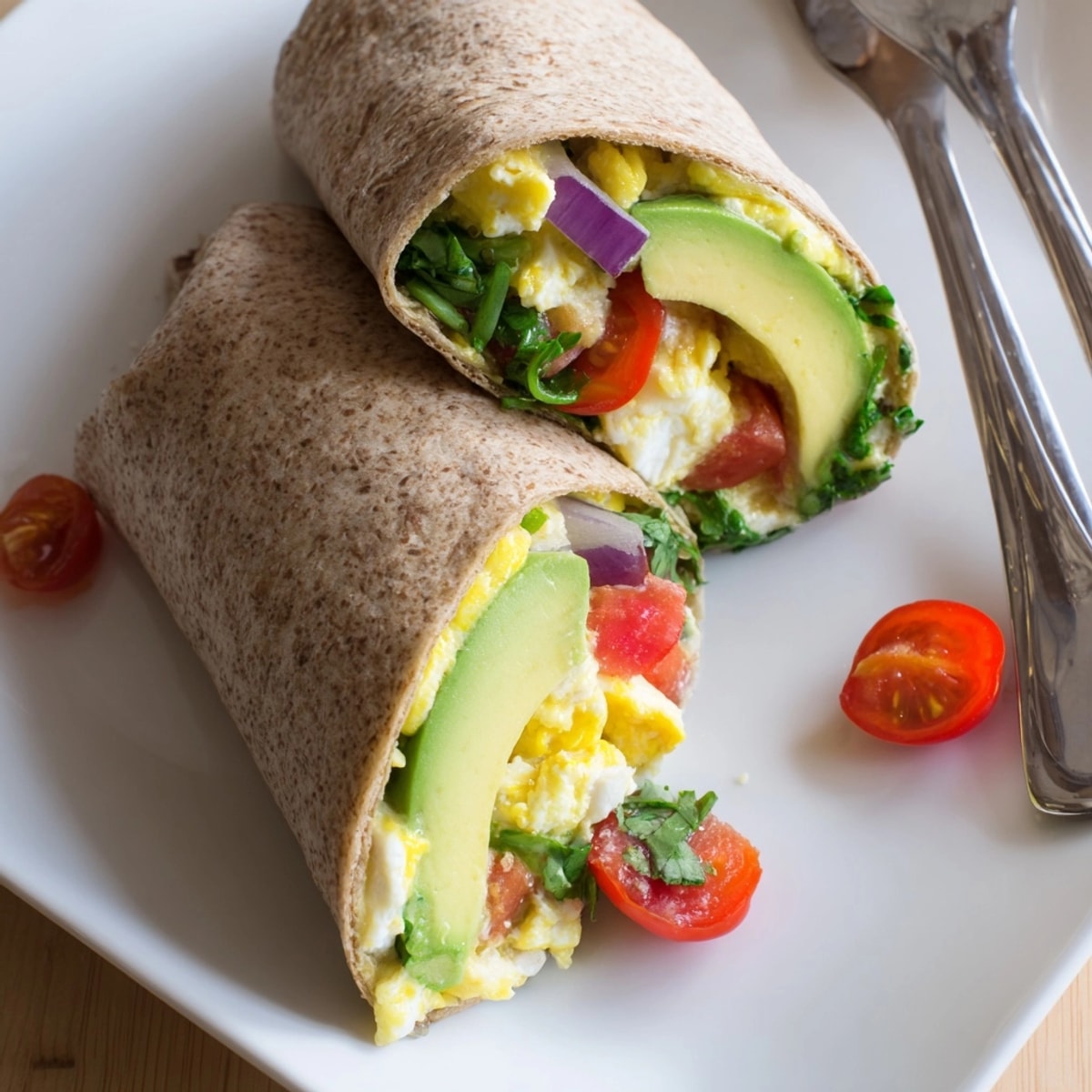 Creamy Avocado Egg White Burrito ready to eat, showcasing fresh ingredients like tomatoes.