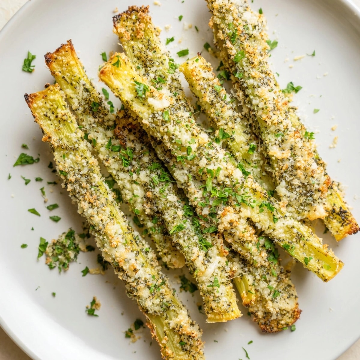 Imagine hot-from-the-oven Garlic Parmesan Celery Sticks, topped with verdant fresh parsley flakes.