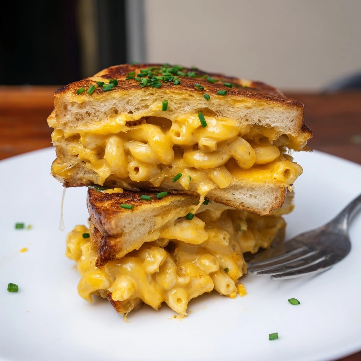 Buttery Mac and Cheese Stuffed French Toast, crisped golden brown, garnished with fresh chives.