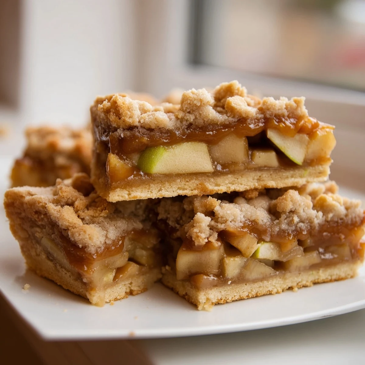 Buttery Caramel Apple Layered Cookie Bars topped with crunchy crumble and rich caramel drizzle.  