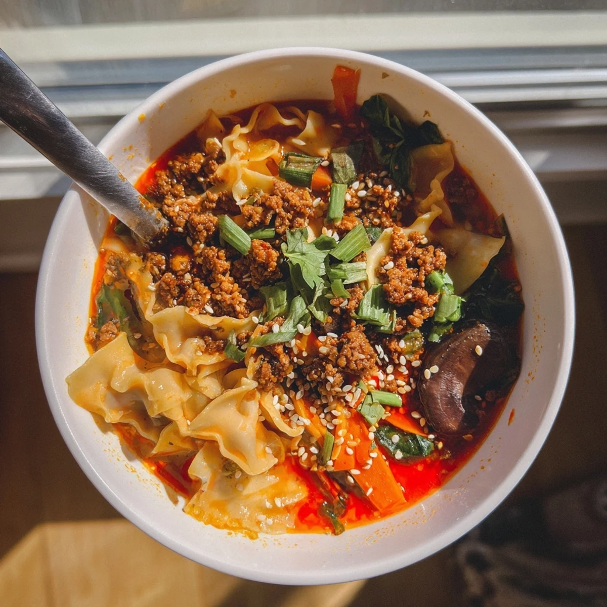A hearty bowl of Spicy Ramen-Inspired Lasagne Soup, steaming and vibrant with fresh vegetables.  