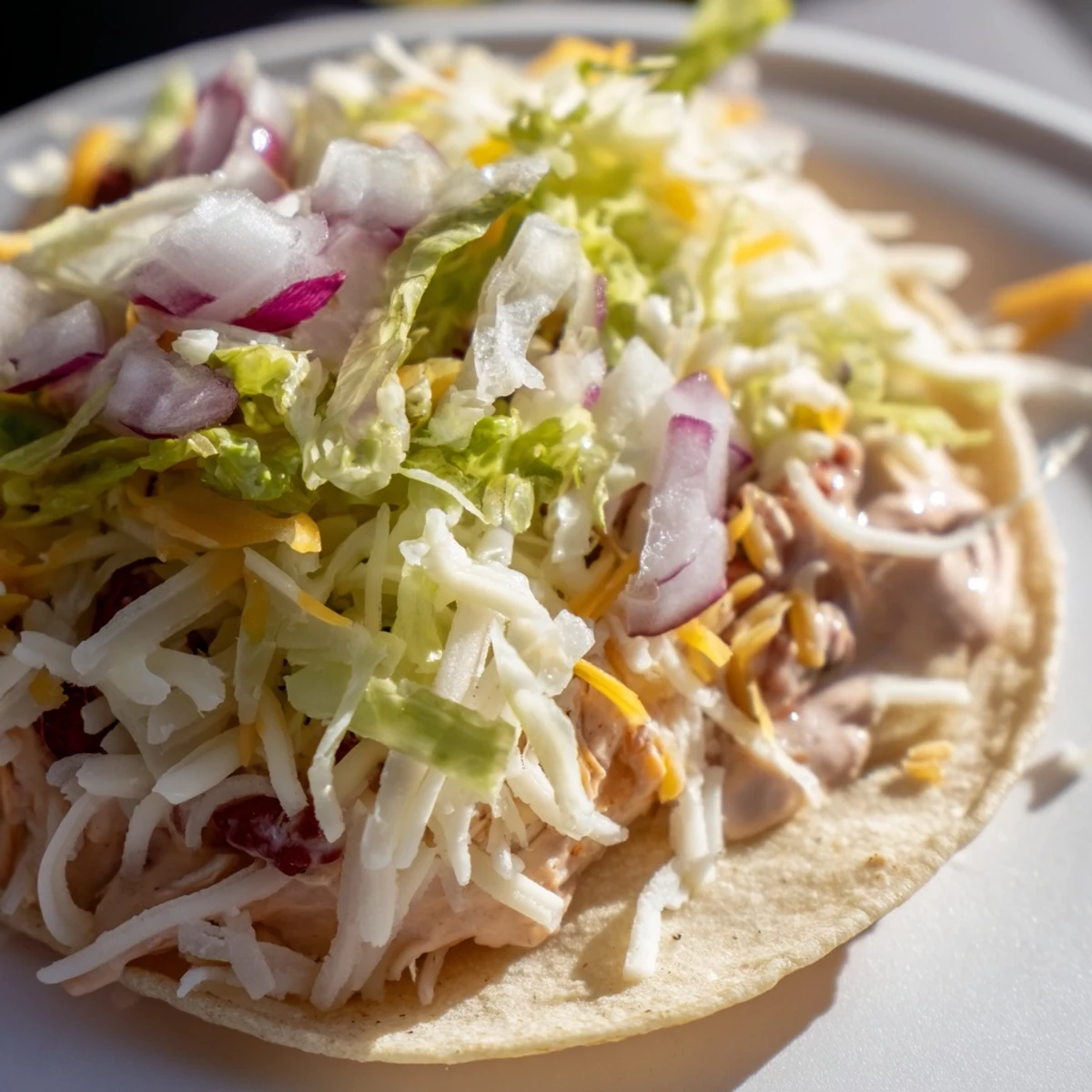 Cranberry Jalapeño Dip tacos topped with fresh lettuce and vibrant red onion slices.  