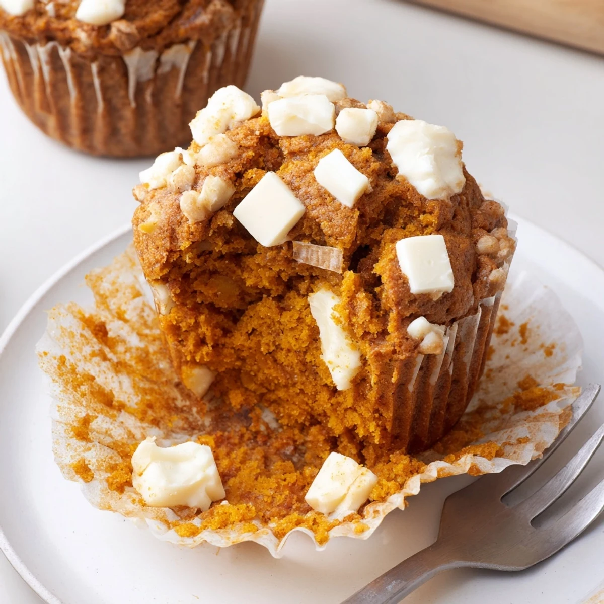 Moist pumpkin muffins with white chocolate chunks, perfect for cozy fall mornings.  