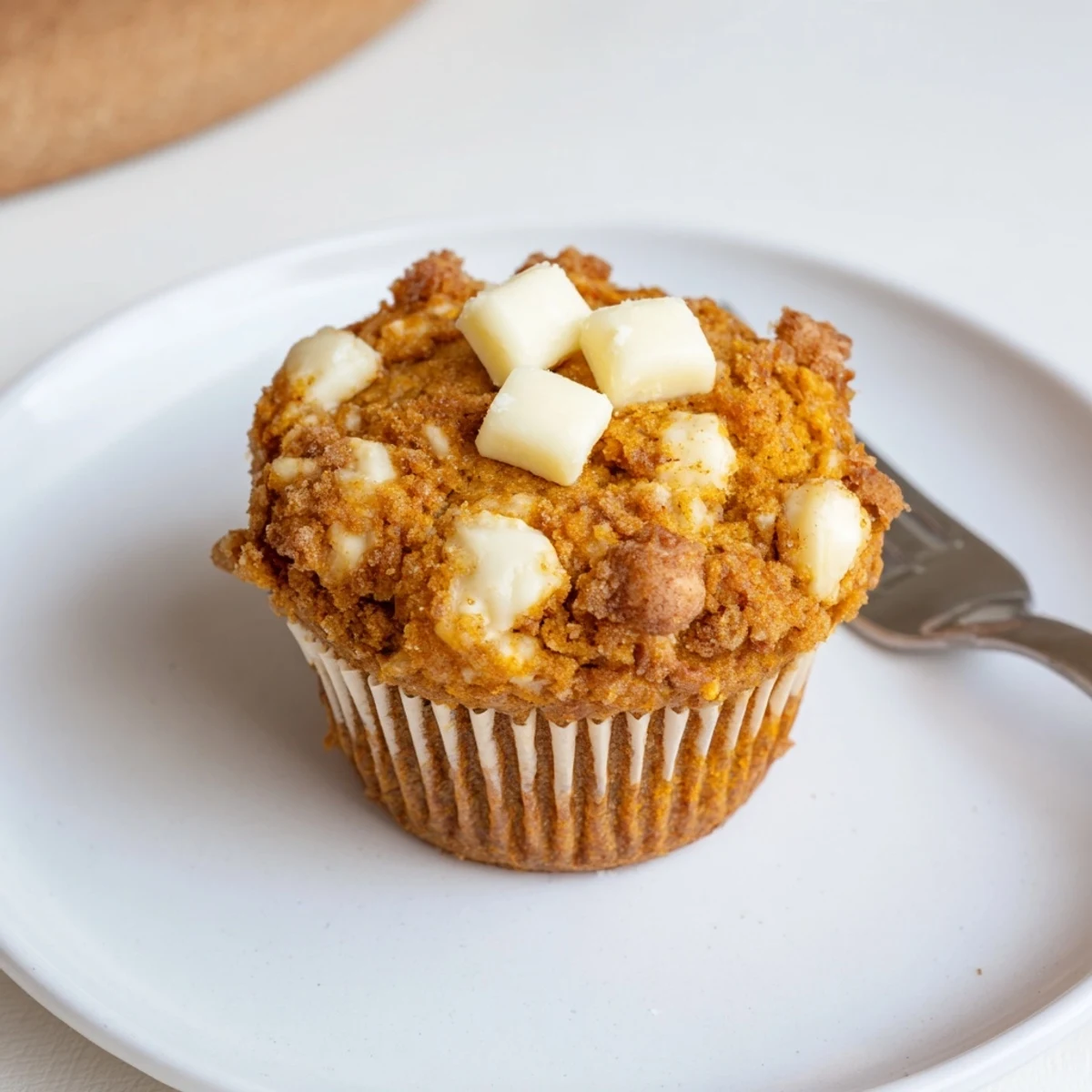 Deliciously spiced pumpkin muffins studded with creamy white chocolate, a seasonal delight.  