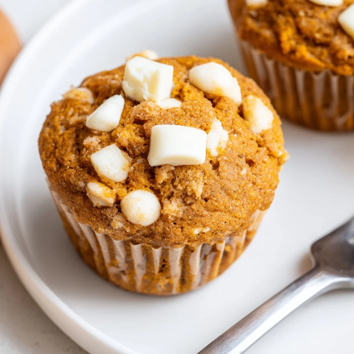 Golden brown pumpkin muffins bursting with white chocolate, ideal for autumn gatherings.