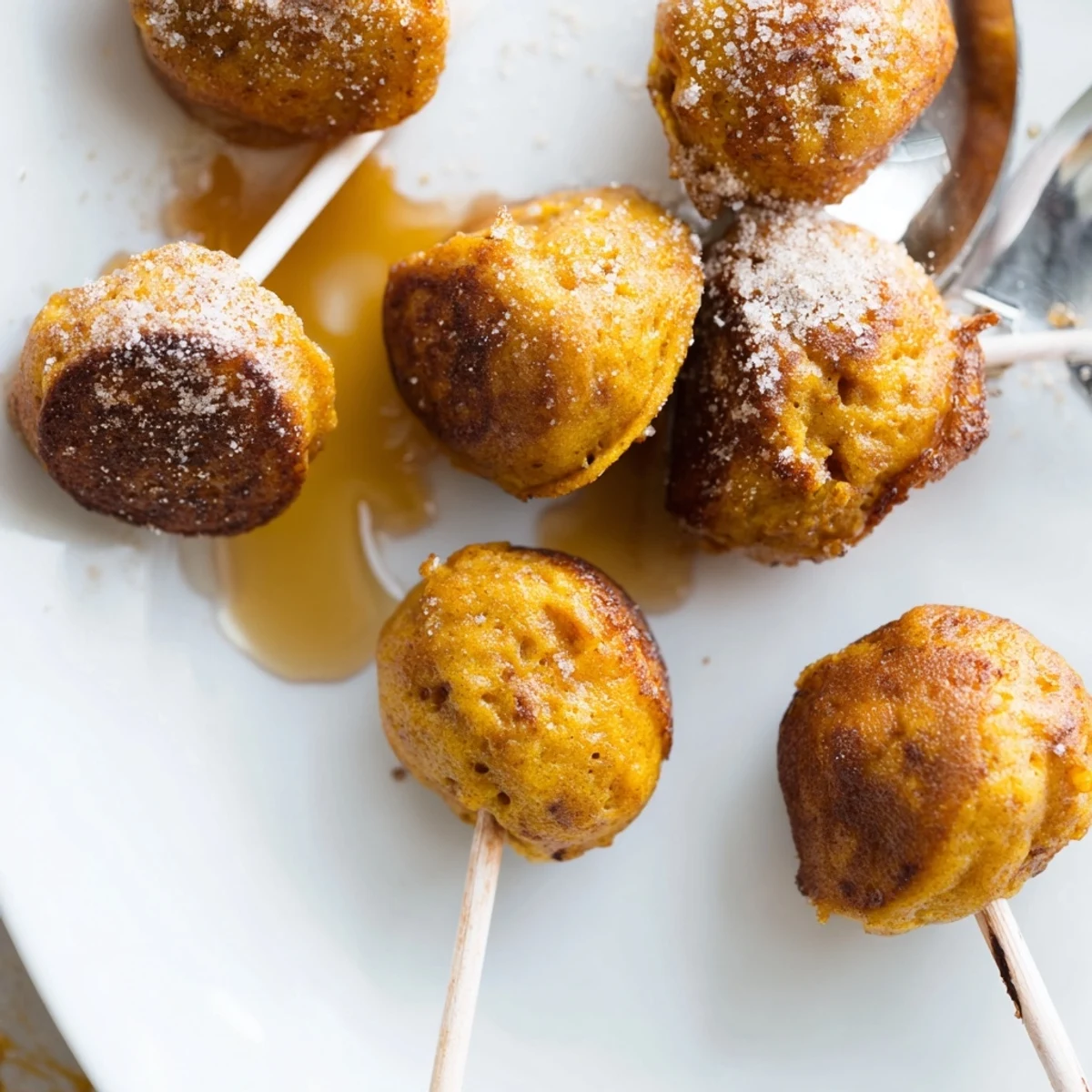 Fluffy pumpkin muffin pancake pops drizzled with warm maple syrup on a platter.  