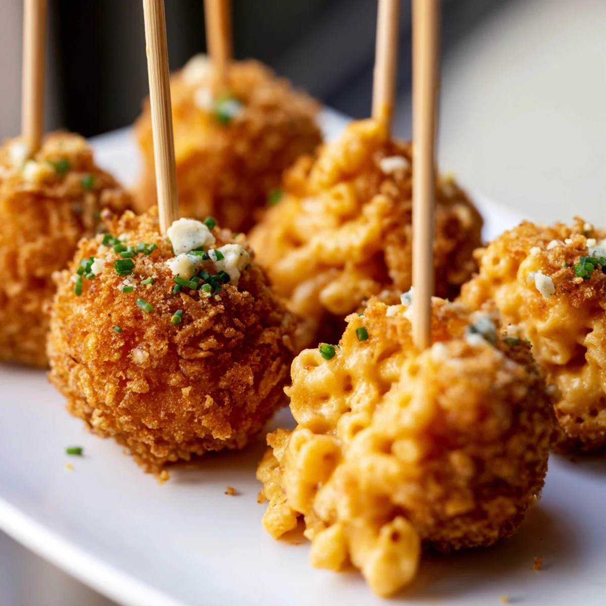Creamy Spicy Buffalo Pumpkin Mac Pops with crispy coating, perfect for parties.  
