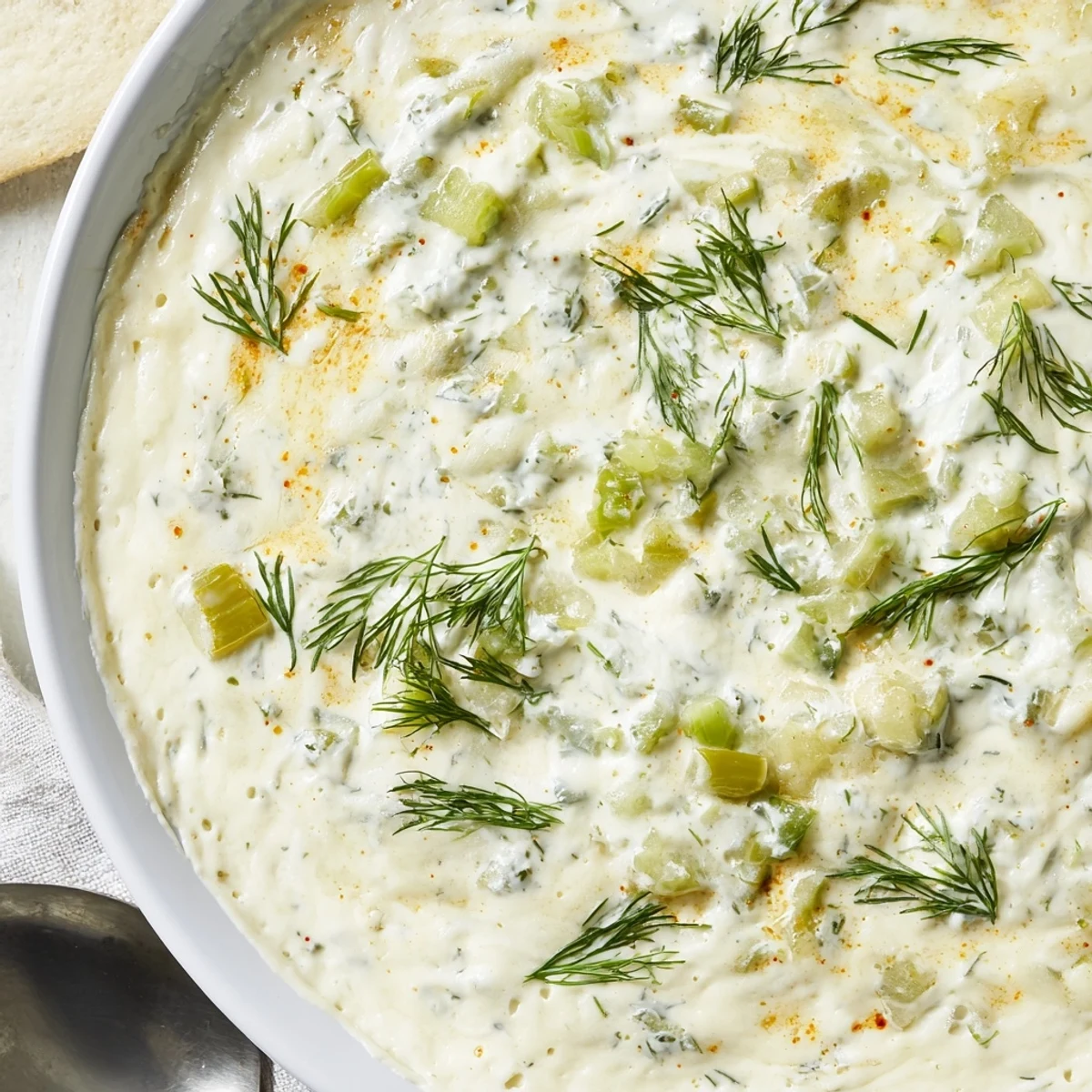 Creamy Dill Pickle Queso Fundido Dip served hot with crispy tortilla chips.  