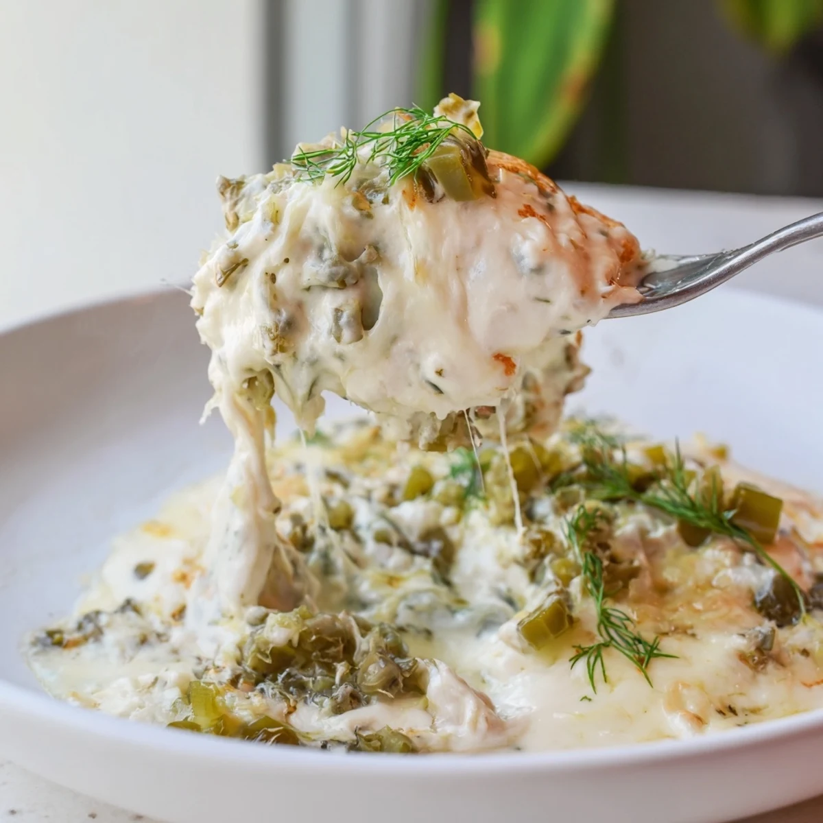 Flavorful Dill Pickle Queso Fundido Dip, bursting with tangy pickles and melted cheese.