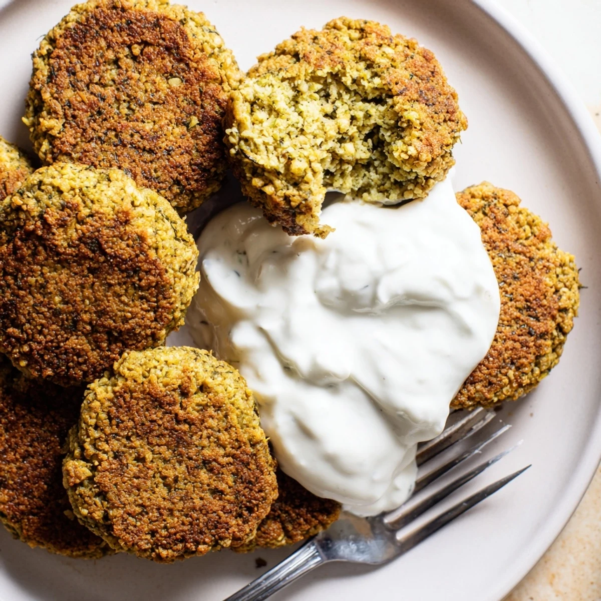 Golden-brown baked falafel served with refreshing tzatziki sauce on the side.  