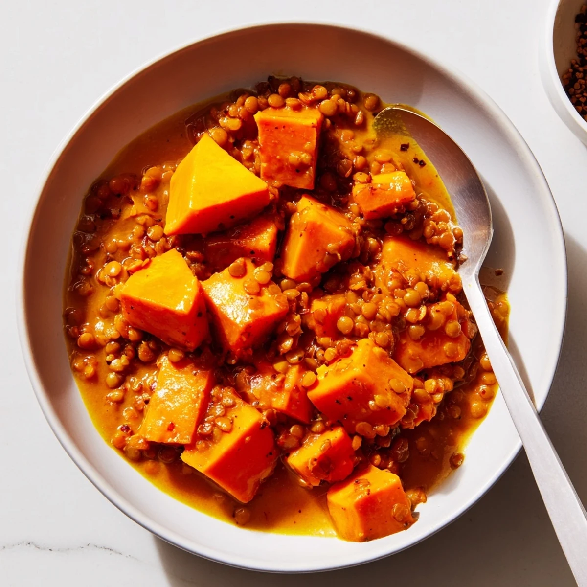Creamy lentil and sweet potato curry showcasing spices and rich coconut milk.  