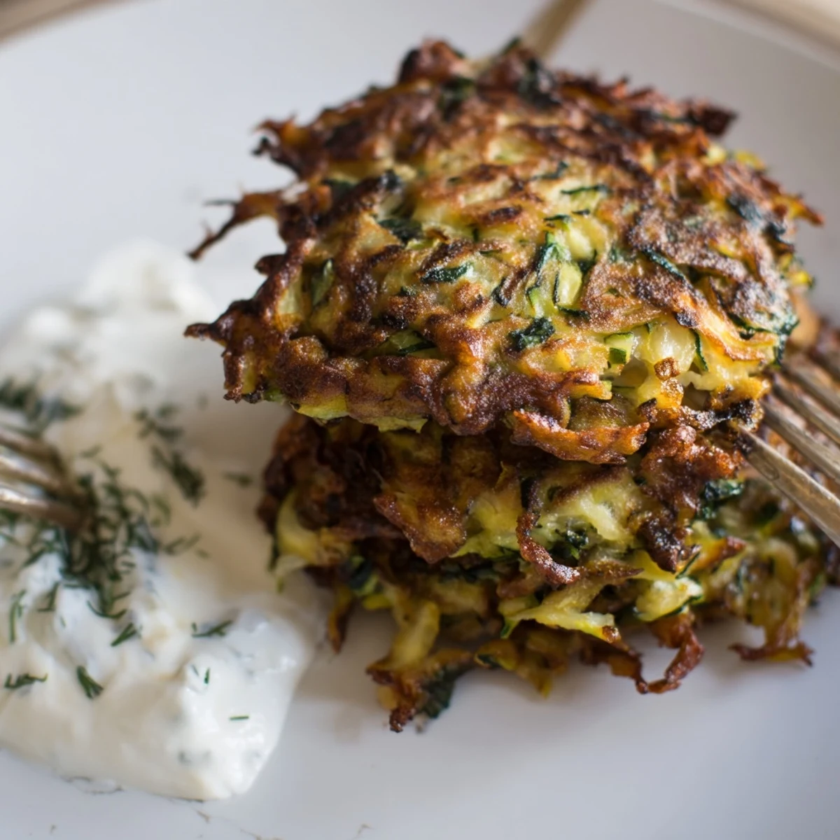 Crispy zucchini fritters served with creamy yogurt dip for a perfect snack.  