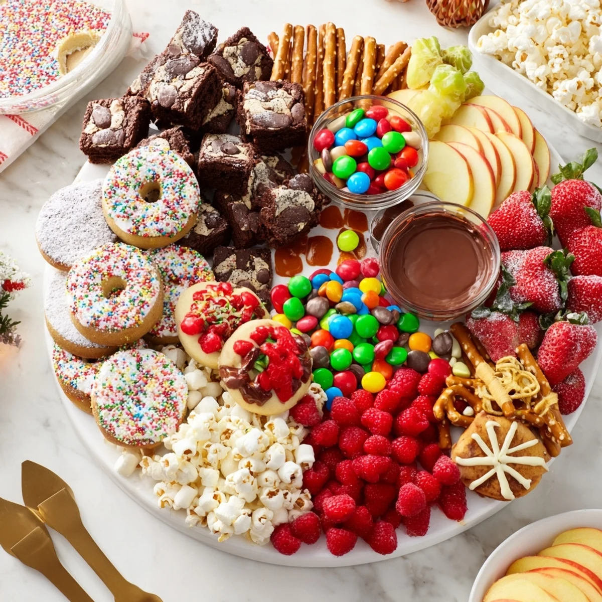 A colorful dessert board with themed snacks, featuring sweet treats and fresh fruits.  