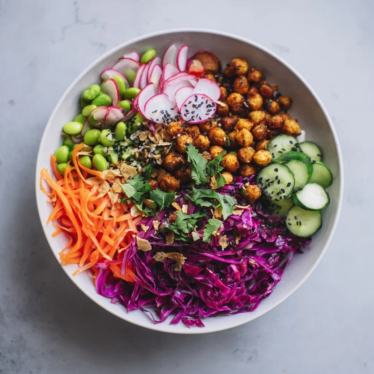 Vibrant ASMR Crunch Snack Bowls with crunchy chickpeas and fresh veggies for a delightful treat.