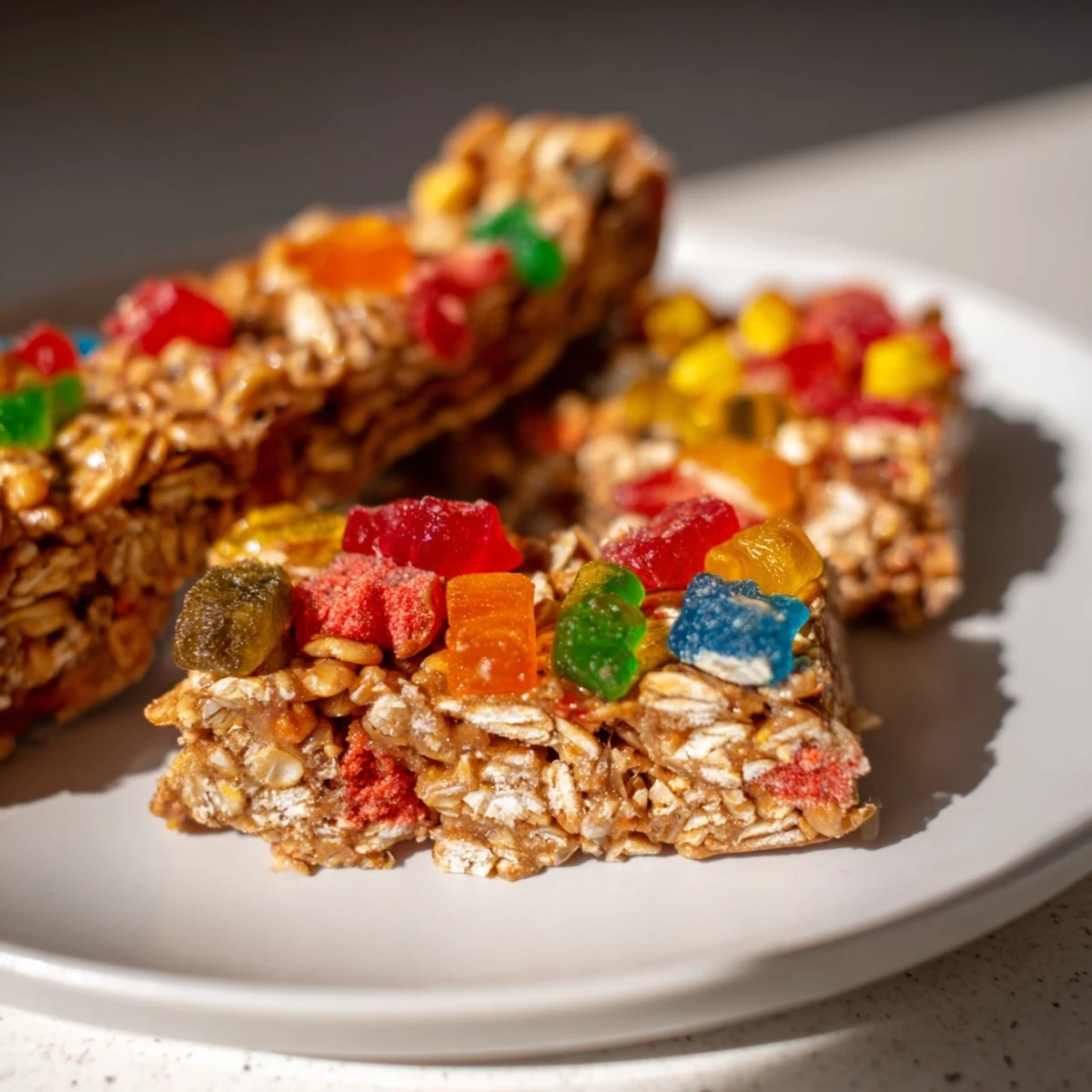 Colorful homemade gummies add a fruity burst to these delightful snack bars.