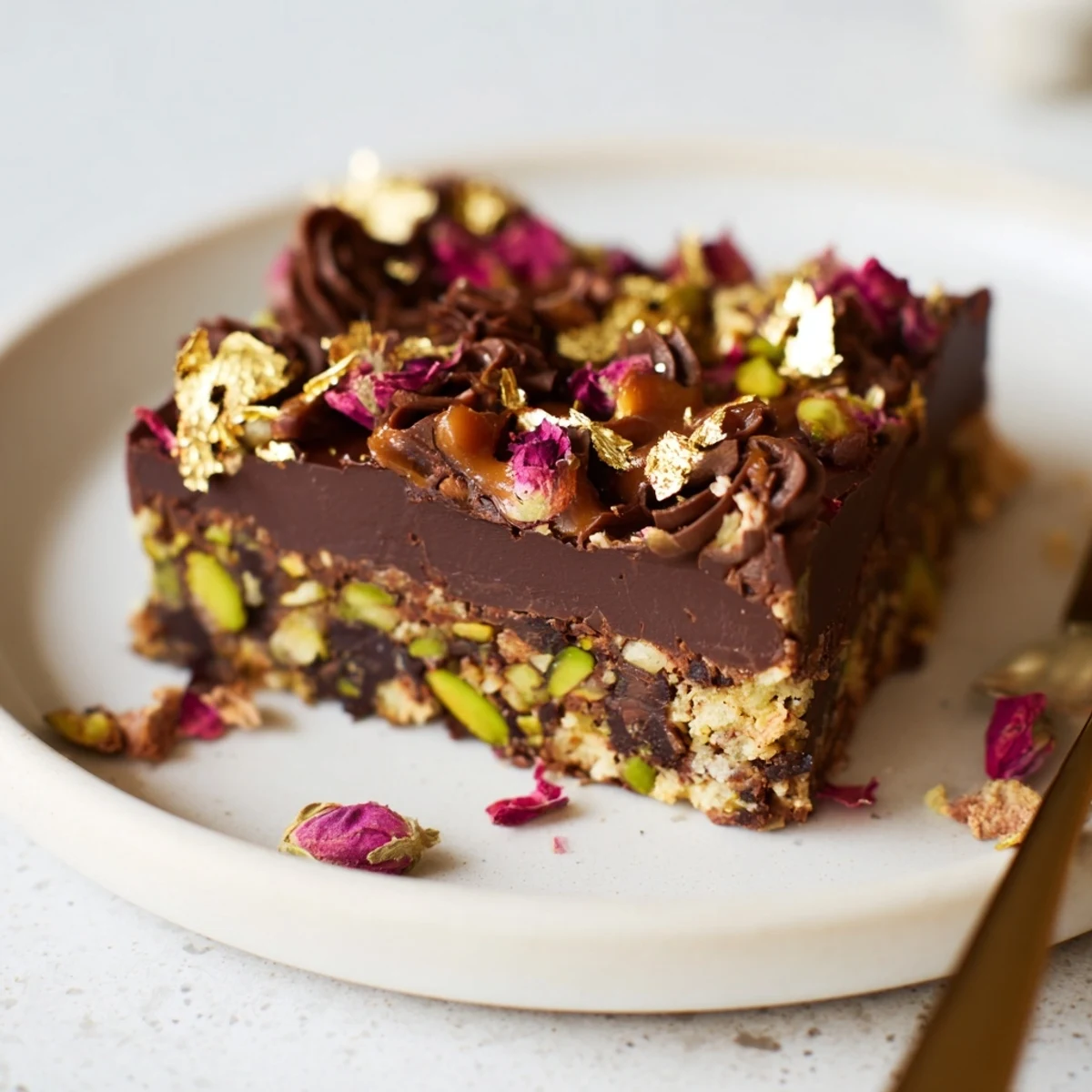 Decadent chocolate bar inspired creations topped with pistachios and spiced date caramel.  