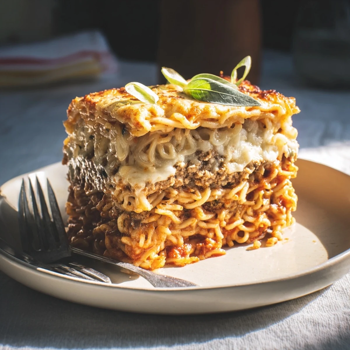 Comforting Spicy Ramen Lasagna showcasing bubbly cheese and vibrant green onions on top.  