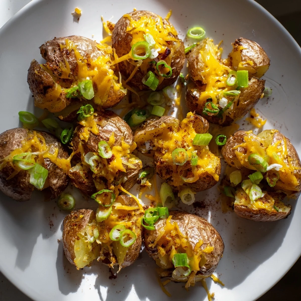 Golden brown smashed potatoes infused with green onion and garlic flavors, baked to perfection.  